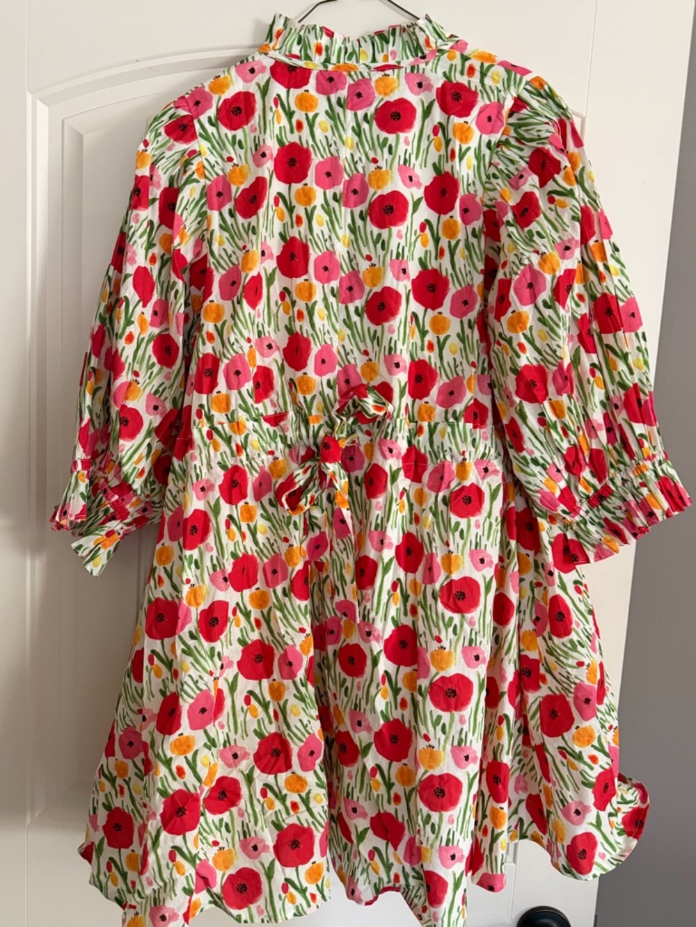 Women’s Floral Ruffle-Neck Dress - Pink & Red Poppy Print - Picture 2 of 3